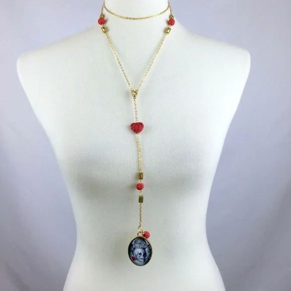 Long Gothic Skull & Roses Pendant Y Necklace - Picture 2 of 6